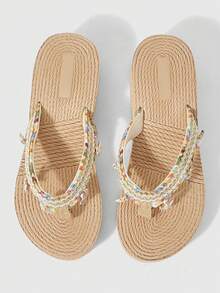 ROMWE Fairycore Dép sandal nữ đế bệt mùa hè hở ngón kiểu La Mã đi biển, đính hoa 3D, chất liệu rơm, mát, dép đi trong kỳ nghỉ, giày thời trang - Màu be + sao biển - Xem 3