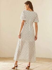 BELROSIE Vintage Chiffon Polka Dot Off-Shoulder Petal Sleeve Waist Cinched Dress - White - View 2