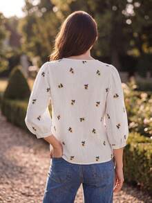 Dayvera Fashionable French Floral Embroidered Blouse, Loose Cotton Casual Cottage Core Resort Style, V-Neck 3/4 Puff Sleeve Top, Fresh Ditsy For Autumn Brunch - White - View 6