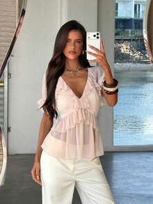 Aloruh Blusa bohemia con volantes para vacaciones de mujer - Marrón - Ver 3