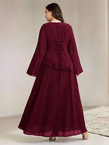 Veilorie Gaun Pesta Kasual Warna Polos untuk Wanita Ukuran Besar Musim Gugur - Burgundy - View 2