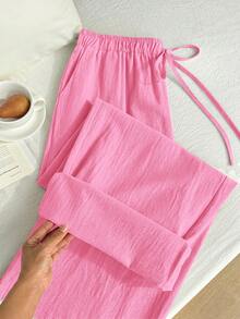 Comfortcana Pantalones anchos casuales de verano para mujer talla grande, de unicolor con cordón en la cintura - Rosa Fucsia - Ver 3