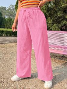 Comfortcana Pantalones anchos casuales de verano para mujer talla grande, de unicolor con cordón en la cintura - Rosa Fucsia - Ver 8