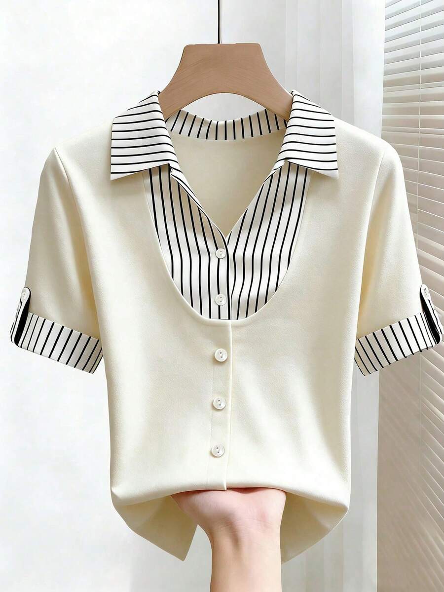 SHEIN Franclia 女士条纹拼接 Polo 领短袖 T 恤,印花通勤休闲短袖衬衫领纽扣上衣,2026 春夏新款上衣 - 杏色 - 查看 1