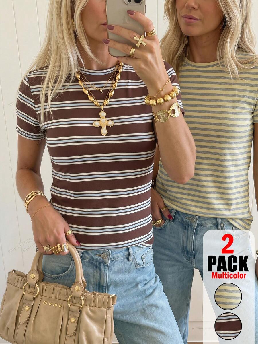 SHEIN EZwear Bộ 2 áo thun cổ tròn tay ngắn kẻ sọc Dopamine cổ điển, phong cách tối giản, thích hợp cho đi làm hàng ngày, hẹn hò, dự tiệc, mùa xuân/hè, Giáng sinh, Năm mới, Lễ Tạ ơn, Tiệc tùng, Đám cưới, Bãi biển, Lễ tốt nghiệp, Thời trang, Thanh lịch, Thường ngày, Đi chơi, Hẹn hò, Đặt chỗ, Đi làm, Nổi bật, Ngày Valentine, Thanh lịch, Kỳ nghỉ, Thường ngày, Y2K, Đi chơi, Lễ tốt nghiệp và các dịp khác. - Nhiều màu - Xem 1