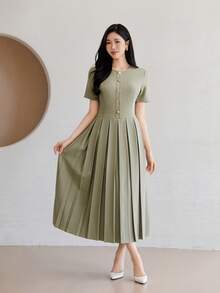 DAZY Đầm dài ngang gối xếp ly thanh lịch, kiểu dáng thường ngày dành cho nữ, thích hợp cho mùa xuân và mùa hè. - màu xanh lá - Xem 4