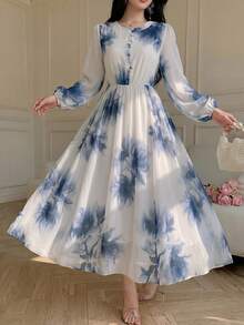 Modelyn Spring & Summer Fashion Flat Collar Long Sleeve Chiffon Floral Print Slim Fit Flared Dress - Blue - View 6