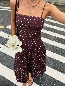 Serisse Women's Polka Dot Print Spaghetti Strap Mid-Length Dress - Brown - View 3