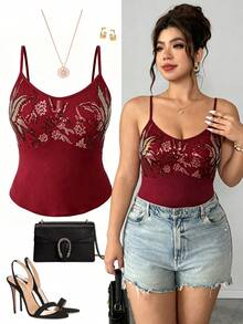 SHEIN Clasi Plus Size Multicolor Sequin Pattern Mesh Patchwork Solid Color Fabric Camisole, Casual Outdoor, Date, Party, Beach Holiday Camisole - Burgundy - View 5