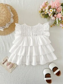 SHEIN Babygirl Cute Vacation Versatile Ruffle Lace Trim Flutter Sleeve Top - White - View 2