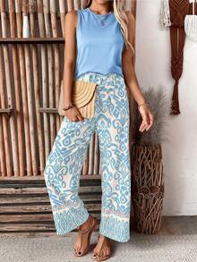 Breezaya Women's Casual Solid Color Tank Top & Full Length Pants 2 Pieces Set, Summer - Baby Blue - View 6