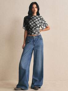 Poéselle Women's Vintage Plaid Ruffle Sleeve Fitted T-Shirt, Summer - Black - View 2