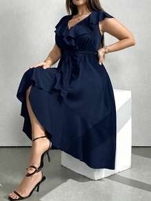 SHEIN Clasi Plus Size Solid Color V-Neck Ruffle Trim Party Dress Maxi Women Outfit - Navy Blue - View 3
