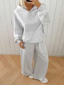 SHEIN EZwear Bộ đồ thể thao nữ mùa thu/đông gồm áo hoodie lót giữ nhiệt và quần nỉ dáng rộng thoải mái. - Xám - Xem 7