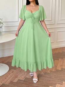 Vibekara Plus Size Casual V-Neck Ruffle Sleeve A-Line Dress, Elegant And Comfortable For Outings - Green - View 5