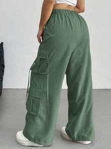 SHEIN CURVE+ Plus Size Women Casual Button Utility Pants, Versatile For Daily Wear - Green - View 2