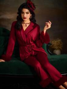 PinupPomp Fuzzy Trim Belted Satin PJ Set - Burgundy - View 2