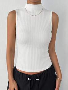 DAZY Women's High Neck Solid Color Fitted Autumn Camisole Golf White Basic - White - View 2