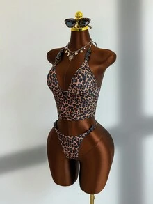 Zestiva Bộ đồ bơi nữ Shapewave-D họa tiết báo & ngựa vằn phối màu tương phản, áo bikini camisole dây mảnh định hình + quần xẻ cao, đính hạt trang trí, thiết kế lưng đan chéo điều chỉnh được, ôm sát tôn dáng quyến rũ cho đi biển nghỉ dưỡng - Nhiều màu - Xem 4