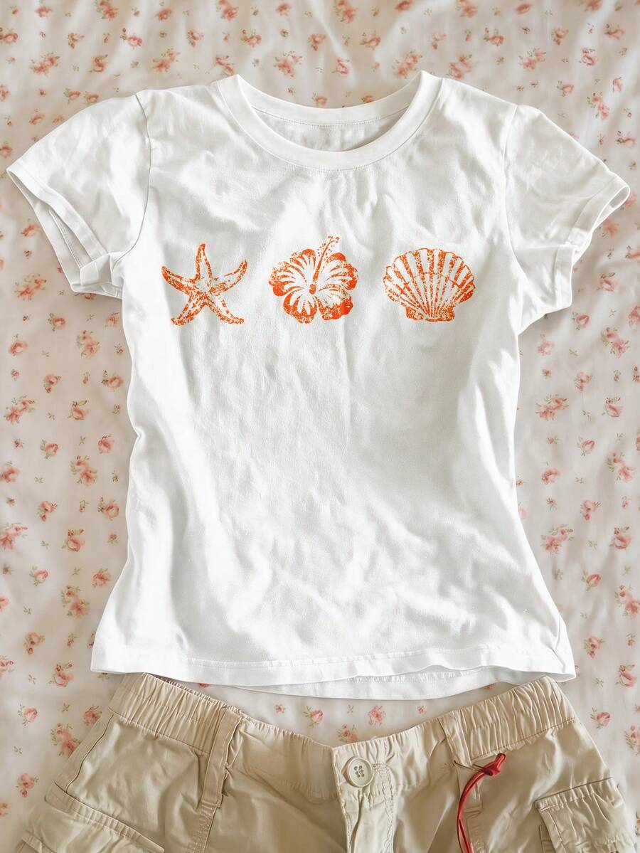 Retro Sunflower & Seashell Marine Life Print, Ballerina Style, Girly, Tween Girls Slim Fit Casual Comfortable Round Neck Long Tee, Suitable For Summer - Multicolor - View 1