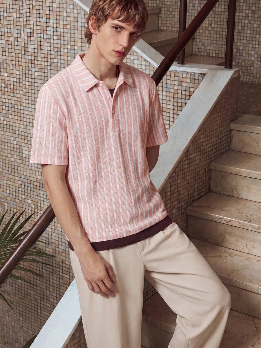 Manfinity Men's Striped Short Sleeve Casual Commuter Polo Shirt, 2000s Style - Pink - View 1