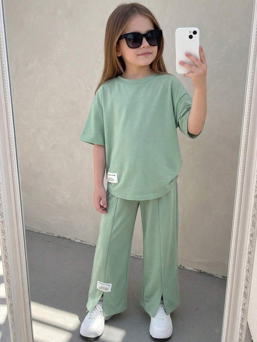 SHEIN 2pcs/Set Baju dan Celana Panjang Lengan Pendek Longgar Model Bahu Jatuh Warna Hijau Polos untuk Anak Perempuan, Musim Panas - Hijau - View 1