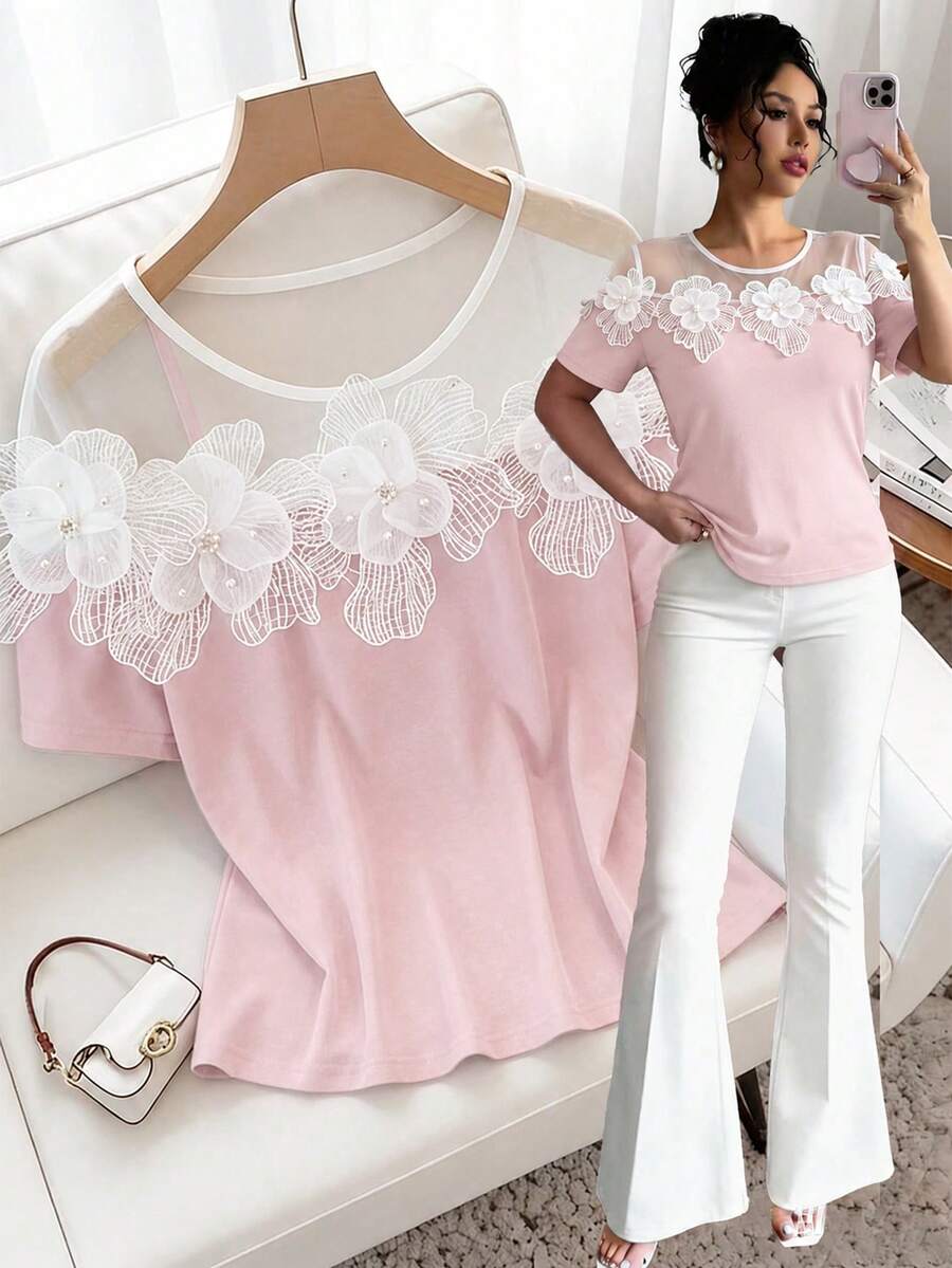 GlowEve CURVE Áo thun nữ cỡ lớn mùa xuân/hè mới, thanh lịch, thoải mái, sang trọng, ôm sát, chất liệu lưới xuyên thấu, phối màu, họa tiết hoa, cổ tròn, tay ngắn. - Hồng - Xem 1