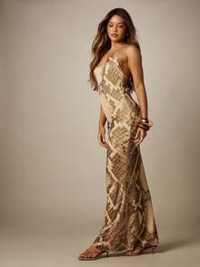 MISSGUIDED Snake Print Halter Neck Backless Maxi Dress Bodycon Flare Hem Evening Party Summer - Apricot - View 5