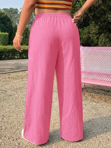 Comfortcana Pantalones anchos casuales de verano para mujer talla grande, de unicolor con cordón en la cintura - Rosa Fucsia - Ver 2