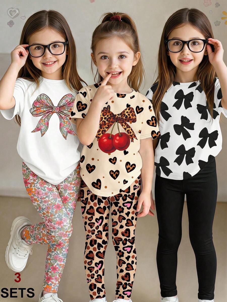 Bộ 3 món cho bé gái gồm áo thun ngắn tay cổ tròn họa tiết hoa, da báo và nơ đen + quần legging, kiểu dáng thường ngày thoải mái, đa năng, phù hợp cho mặc hàng ngày, đi nghỉ mát, dáng rộng rãi, họa tiết hoa cho các bé gái. - Nhiều màu - Xem 1