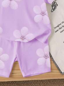 2pcs/Set Young Girls Floral Print Cute T-Shirt And Shorts Set, Fashionable Casual Outfit Suitable For Spring/Summer Vacation - Multicolor - View 4