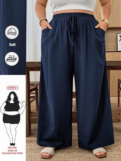 SHEIN CURVE+ Plus Size Women Summer Casual Beach Outfits, Fashion Business Commute Elegant Wide-Leg Pants With Pockets, Lotus Pink,Summer Pantssummer/Country/Beach Vacation Outfits/Beach Outfits/Beach Wear
