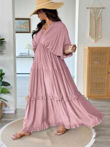 Vionelle Plus Size Solid Color Boho Ruffle Trim Regular Dress, Spring/Summer Vacation Dusty Pink - Pink - View 5