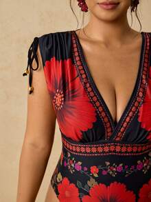 Travachic Plus Size Women's One-Piece Floral Print Swimsuit, Suitable For Beach Vacation Holiday, Pool Party, Summer Bathing Suits For Women - Red - View 5