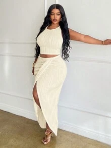 Slaydiva Plus Size White Solid Slim Fit 2 Pieces Outfit 2pcs/Set - Apricot - View 5