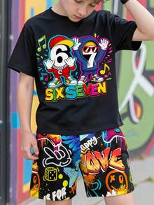 Conjunto de camiseta casual minimalista para niño joven, estampado de patrón de graffiti de controlador de juego clásico y fresco, estampado de patrón de personaje de rapero de estilo callejero de dibujos animados fresco 6, 7, estampado de patrón de texto fresco seis, siete, estampado de patrón colorido, adecuado para primavera y verano, adecuado para estilo callejero - Multicolor - Ver 2