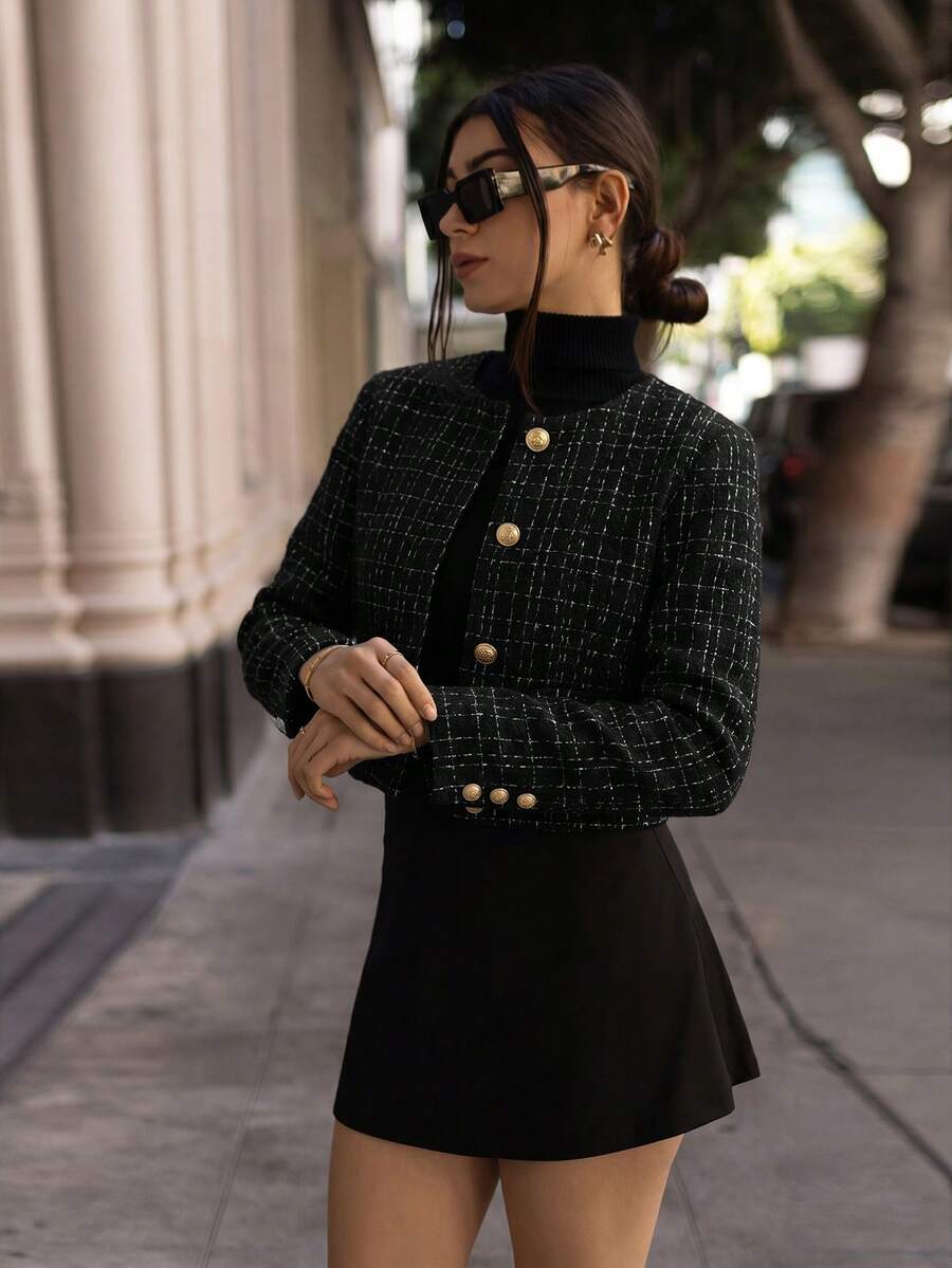 Andrea Bello Women's Autumn/Winter Metal Button Short Jacket Fall Cloth For Women Black - Black - View 1