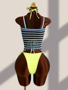 Bộ 3 món Zestiva: Áo hai dây lưới in hoa và màu trơn cho kỳ nghỉ hè, áo ngực hai dây và quần bikini buộc dây bên hông, bộ tankini gợi cảm dành cho nữ, bikini họa tiết nhiệt đới, bikini có charm, bikini phong cách Y2K, đồ bơi kiểu phương Tây, đồ bơi kẻ sọc cổ điển. - Màu vàng - Xem 2
