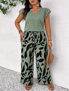 Lounesse Simple Leaf Pattern Colorblock Casual Top, Plus Size 2 Pieces Set - Multicolor - View 1
