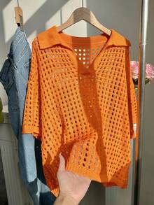 SHEIN EZwear Atasan Sweater Lengan Pendek Berkerah Warna Polos Kasual Ukuran Besar untuk Wanita, Warna Kuning, Atasan Musim Panas untuk Musim Gugur/Dingin - Jeruk - View 4