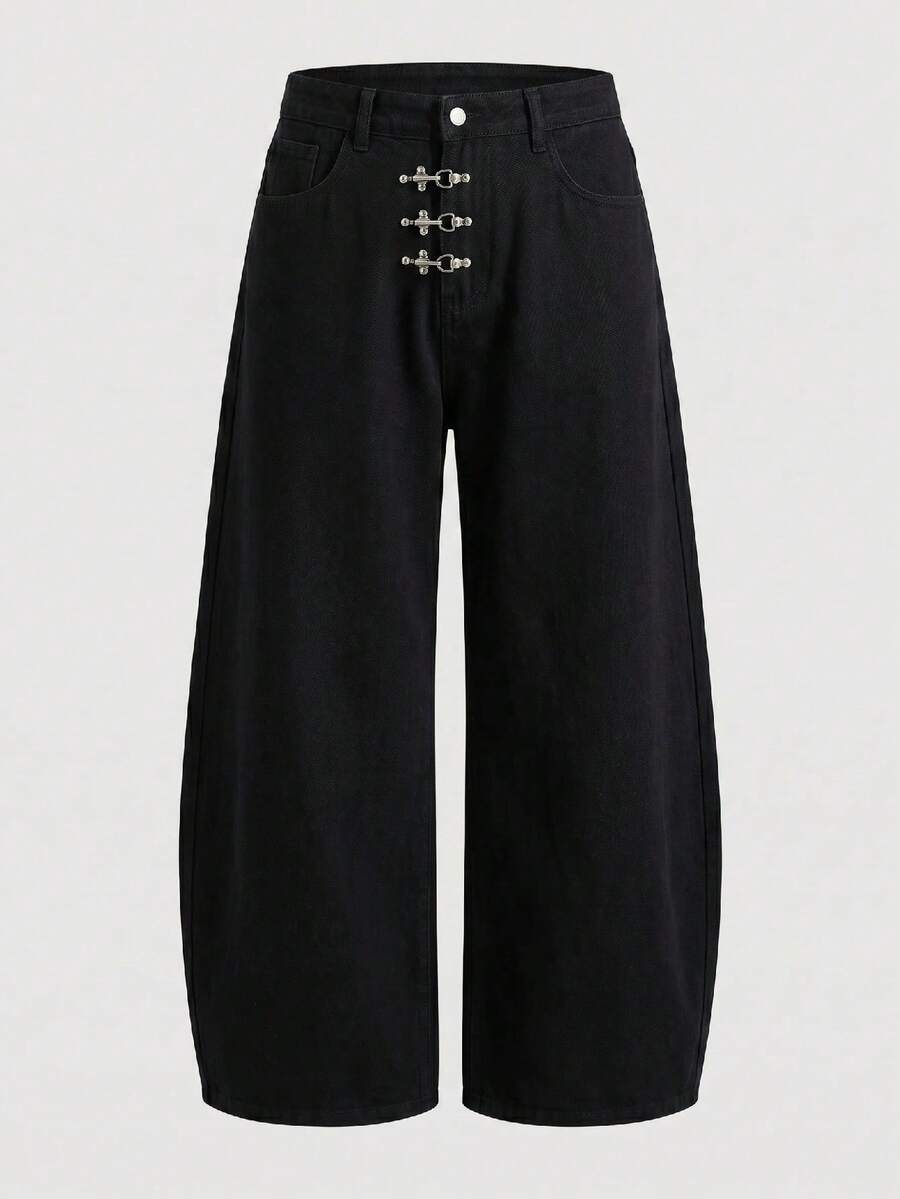 SWAVVY Pantalones anchos de hombre lavados en negro con diseño de hebilla con avión - Negro - Ver 1