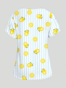 PopScrub Yellow Lemon, Lemon Slice, Striped Pattern Nurse Scrub Uniform Top, V-Neck Short Sleeve Design With Pockets And Side Slits, Fashionable Spring/Summer Work Wear, Cute Scrub Top, Nursing Scrub Uniform Top - Multicolor - View 2