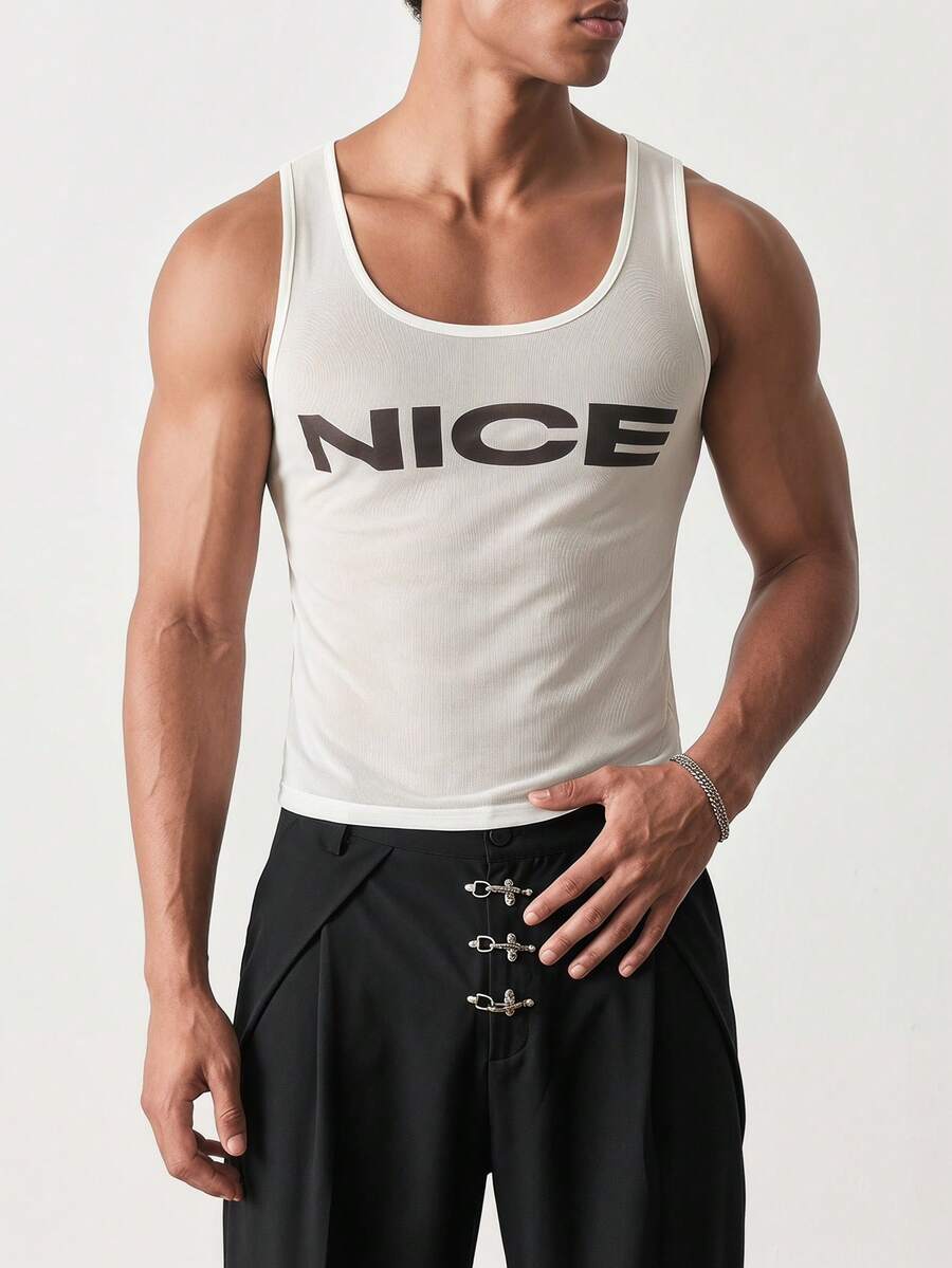 NORVETH Men's Casual Letter Print Tank Top, Versatile For Daily Wear & Workout - White - View 1