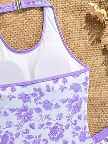 SHEIN Setelan Baju Renang dan Celana Pendek Terusan untuk Remaja Perempuan, Motif Bunga, Leher Halter yang Dapat Diatur, Gaya Prancis yang Imut, Liburan Musim Panas di Pantai, Kolam Renang, dan Selancar. - Mauve Purple - View 4