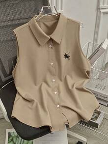 SHEIN LUNE Camisa de polo de talla grande con bordado y sin mangas - Camel - Ver 1