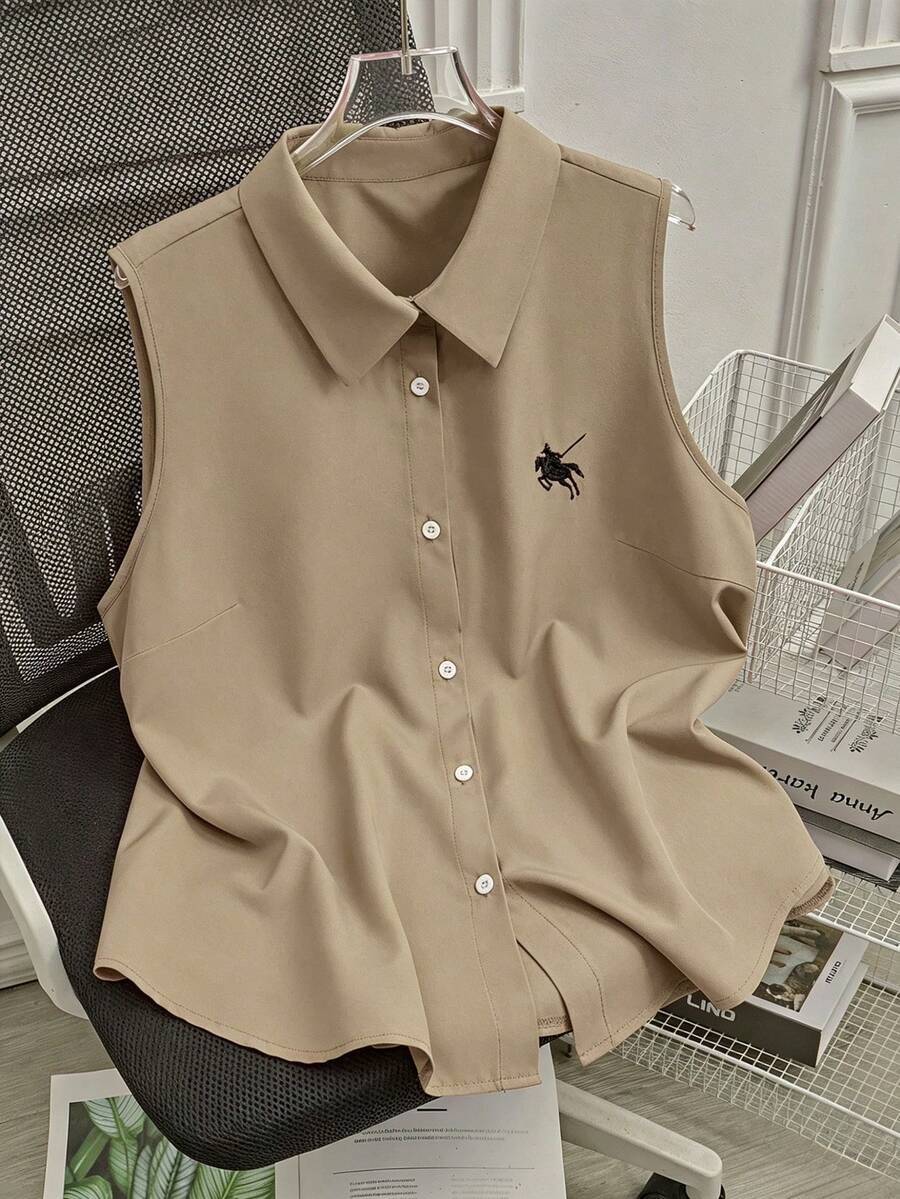 SHEIN LUNE Camisa de polo de talla grande con bordado y sin mangas - Camel - Ver 1