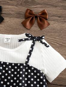 SHEIN 少女 2 件套：少女波點圖案細肩帶洋裝與 T 恤 - 黑與白 - 查看 7