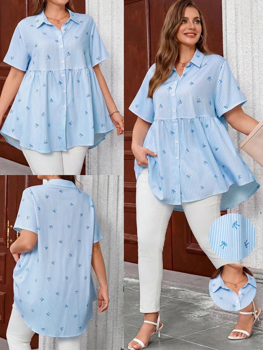 EMERY ROSE Plus Size Open Front Raglan Short Sleeve Baby Blue Bow Print Smock Shirt Formal Tea Party Summer Casual - Blue - View 1