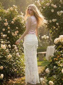 Sweetina Women's Lace Ruched Tail Design Fashionable Versatile Date & Outing Skirt - Apricot - View 2