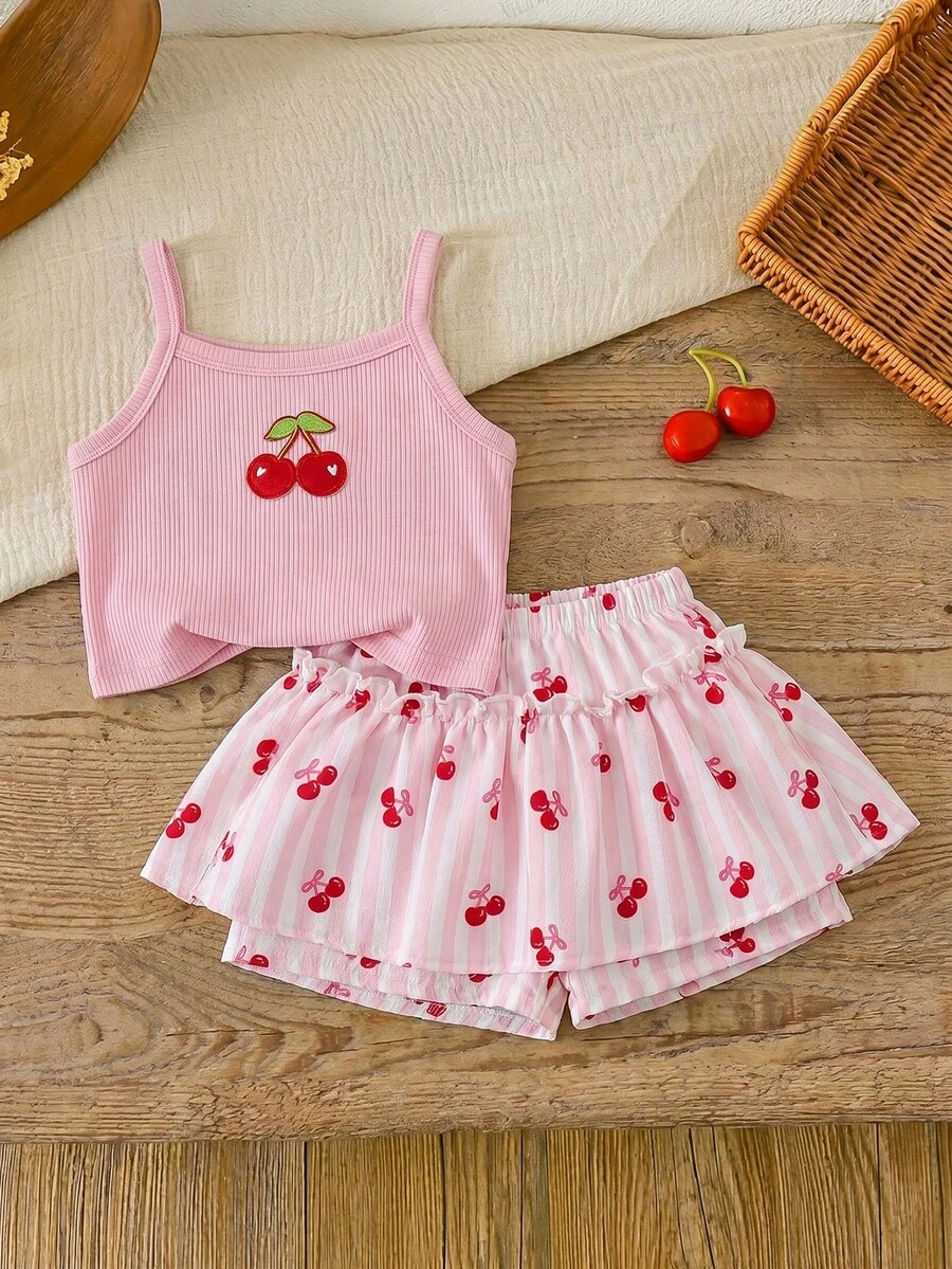 SHEIN LMoss Kids 2件套女婴针织纯色碎花图案吊带背心和短裤套装 - 粉色 - 查看 1